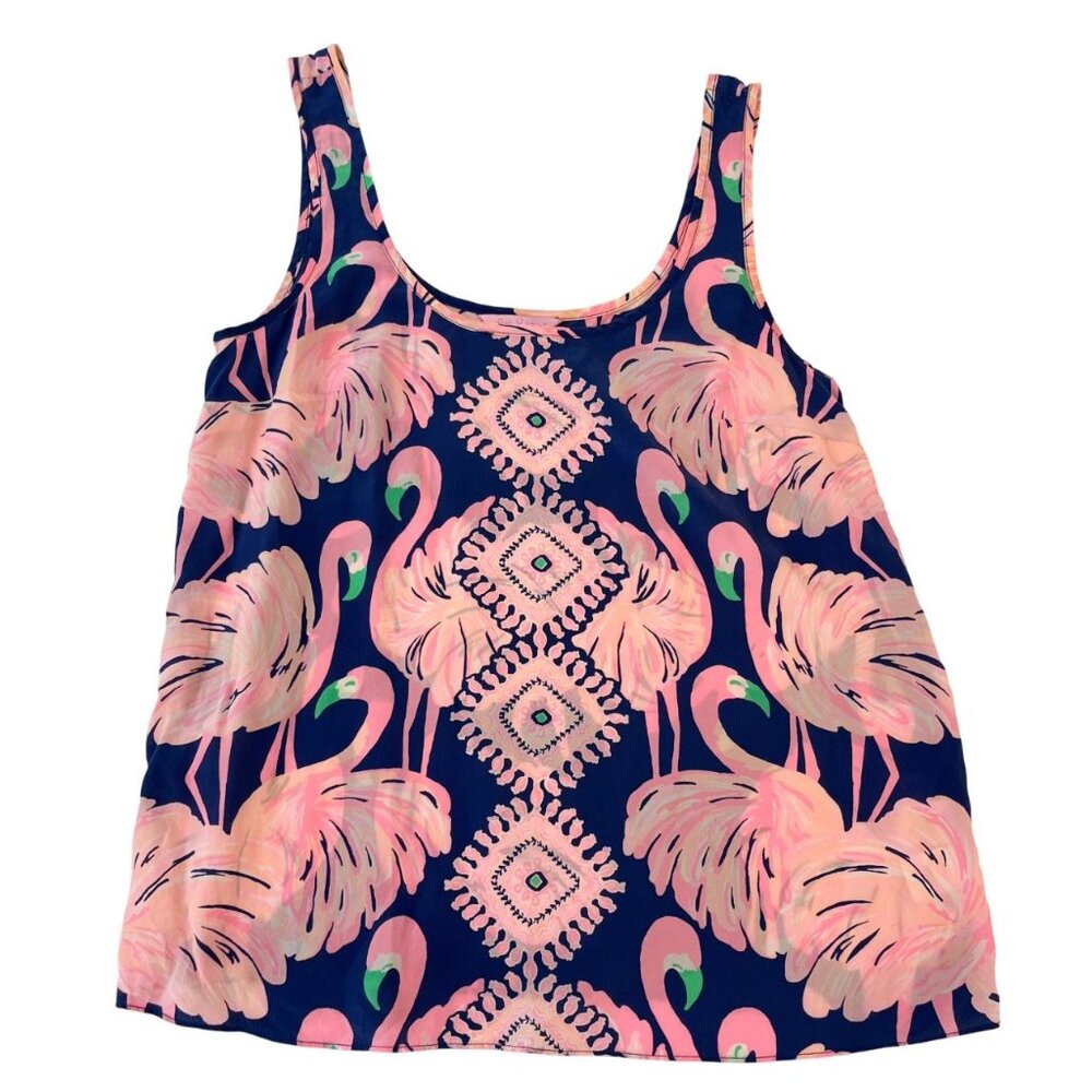 Lilly Pulitzer‎ Cosmos Flamingo Print Tank Top Silk Coastal Preppy - Size Small